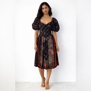 Algo Vintage Black Boho Midi Dress Puff Sleeve Paisley Print Festival Chic